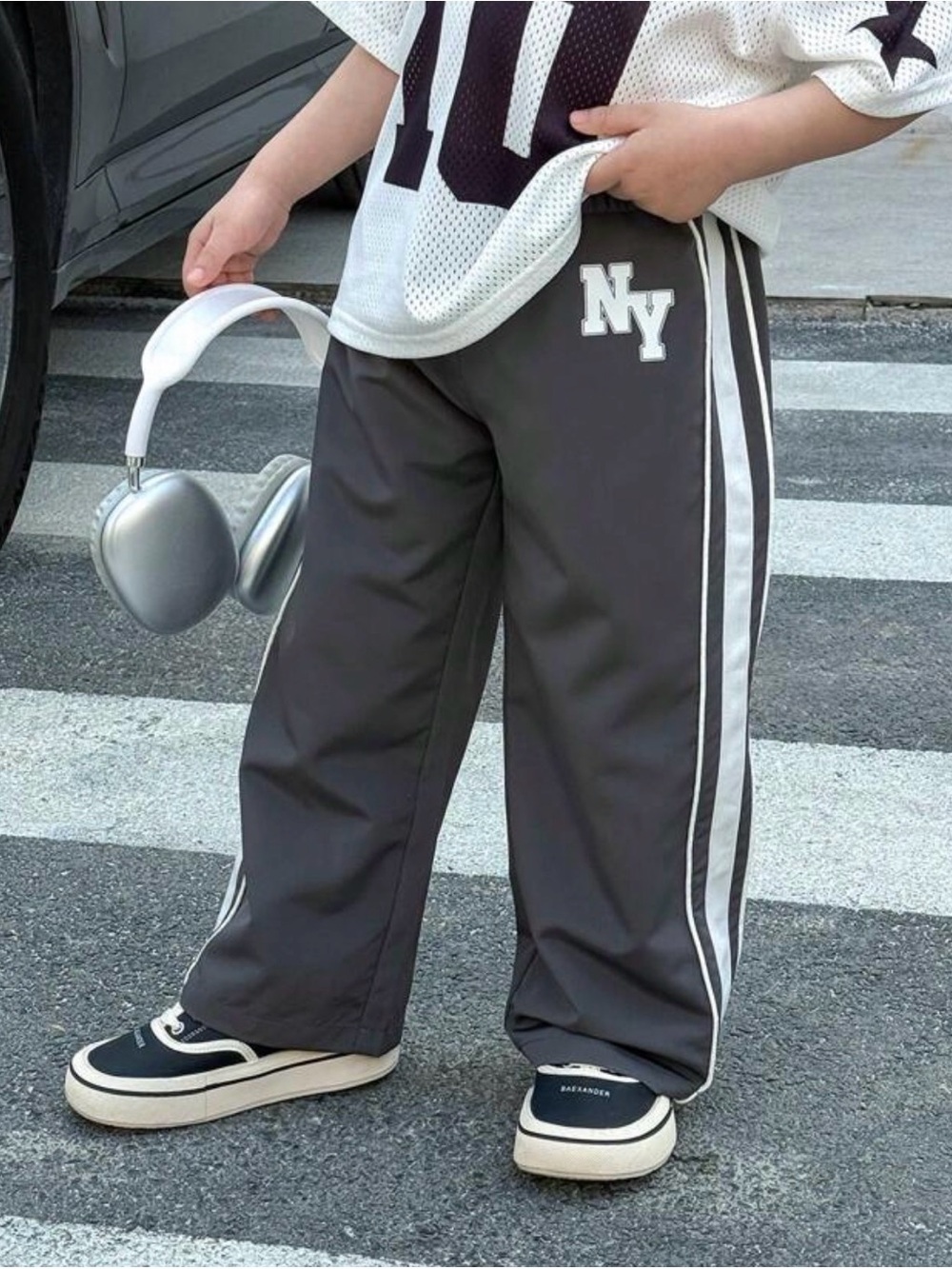 NY Graphic Track Pants - Charcoal with White Stripes
